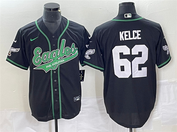Men's Philadelphia Eagles #62 Jason Kelce Black Cool Base Stitched Baseball Jersey